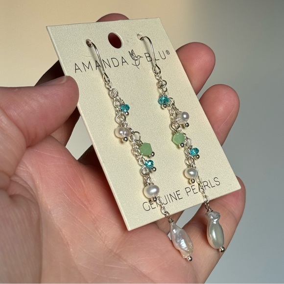 AMANDA BLU Genuine Pearl Blue Green Dangle Waterfall Earrings NEW - Picture 3 of 4